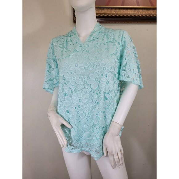 Investments Women's Top Blouse Size S P Petite Nylon Blend Lace V-Neck Aqua (33) - Picture 7 of 11